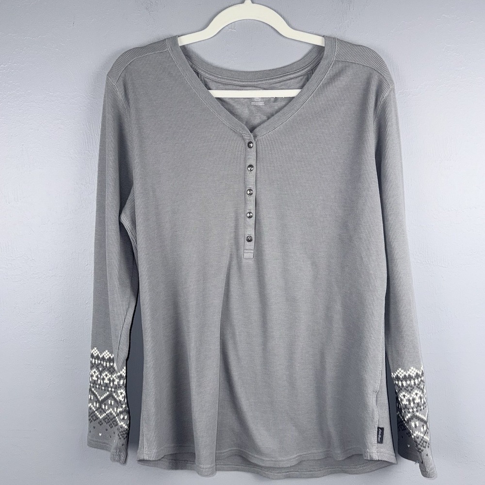 Eddie Bauer Waffle Henley Thermal Top XXL Gray Long Sleeve Cuff Pattern *READ